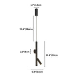 "Diagram showing the dimensions of a sleek iron and acrylic pendant light with cylindrical rods and a glowing orb accent."