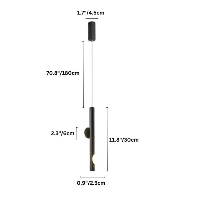 "Diagram showing the dimensions of a sleek iron and acrylic pendant light with cylindrical rods and a glowing orb accent."