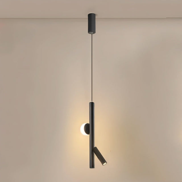 "A sleek, iron and acrylic pendant light with cylindrical rods and glowing orb accents, isolated against a neutral background."