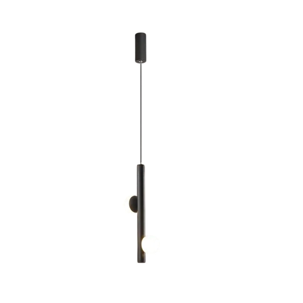 "A sleek iron and acrylic pendant light with cylindrical rods and a glowing orb accent, isolated on a white background."