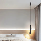  "A minimalist modern bedroom featuring a sleek iron and acrylic pendant light with cylindrical rods and a glowing orb accent, hanging above a wooden headboard."