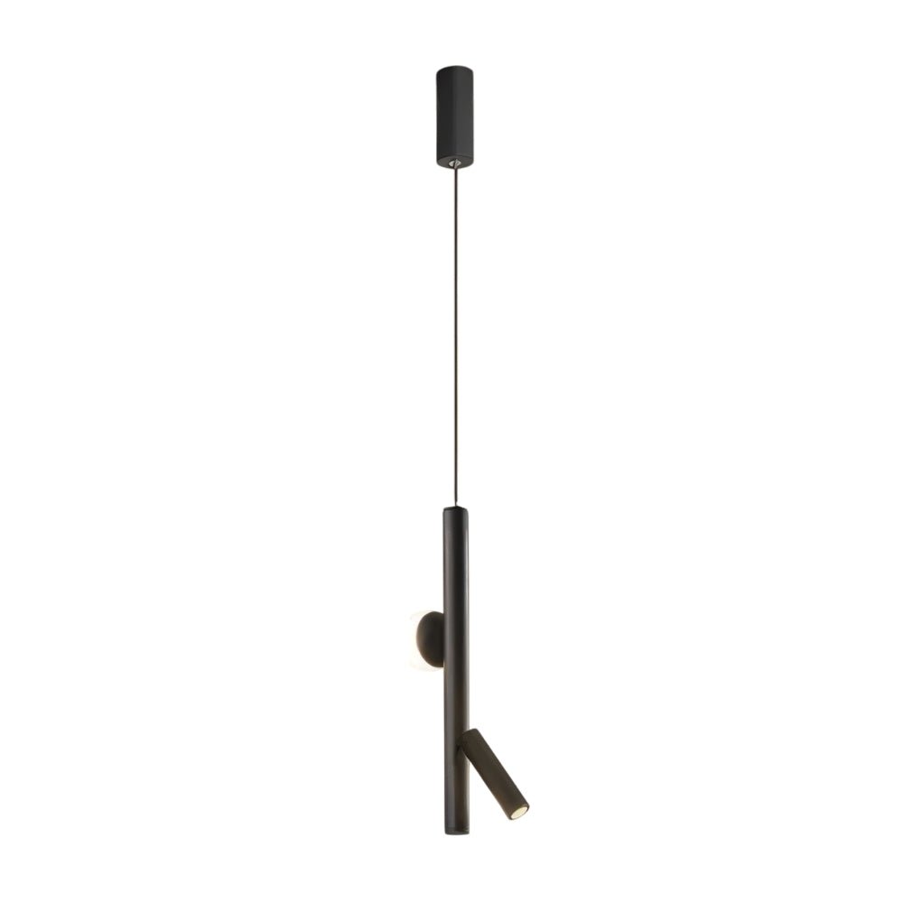 "A sleek iron and acrylic pendant light with a cylindrical rod and a single glowing orb accent, isolated on a white background."