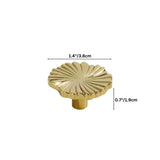 "A gold brass drawer pull with a fan-shaped design, showing dimensions."