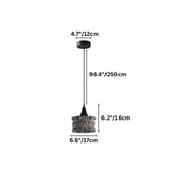 "A glass pendant light with a rippled texture and copper accents, showing product dimensions."