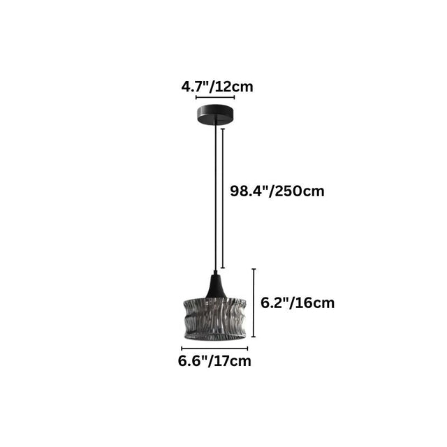 "A glass pendant light with a rippled texture and copper accents, showing product dimensions."