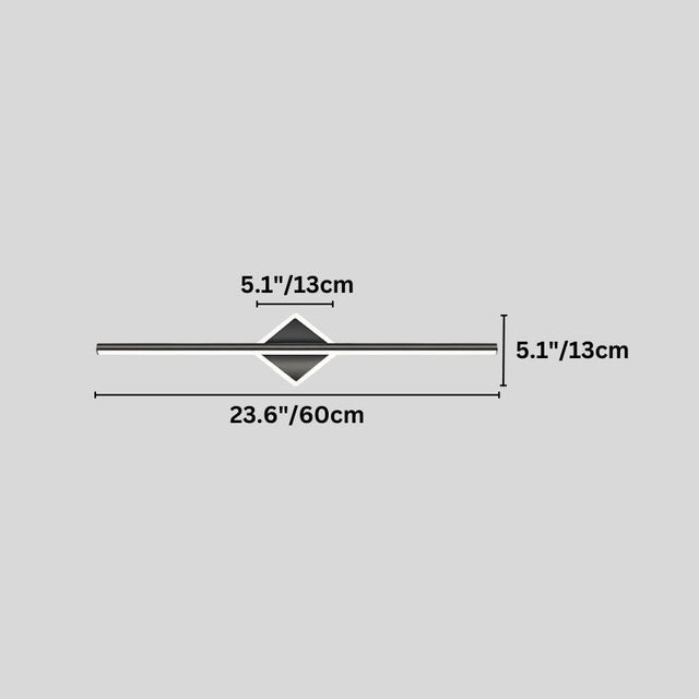 "Dimensions of a modern black wall lamp with a diamond-shaped base and horizontal bar: 23.6 inches in length, 5.1 inches in height and width."
