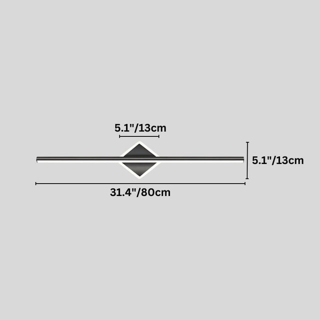 "Dimensions of a modern black wall lamp with a diamond-shaped base and horizontal bar: 31.4 inches in length, 5.1 inches in height and width."