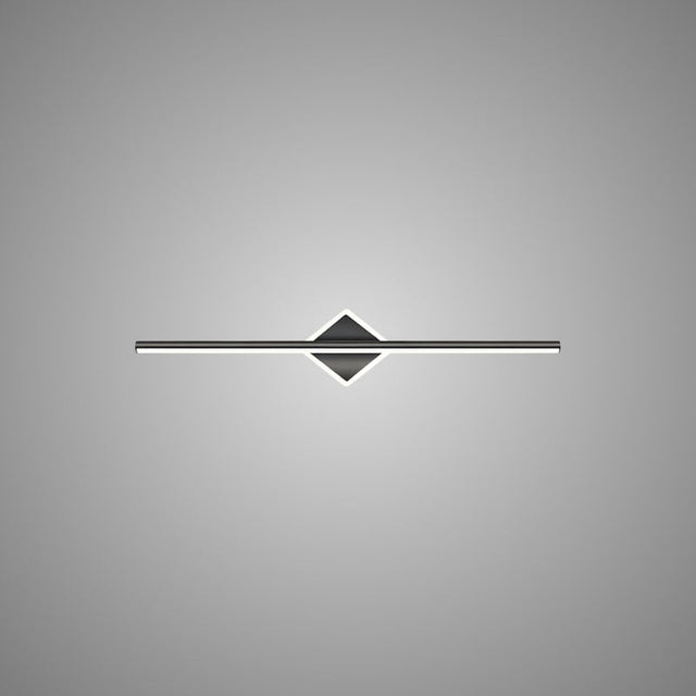 "A modern black wall lamp with a diamond-shaped base and horizontal bar, showcasing its minimalist design, isolated on a light gray background."