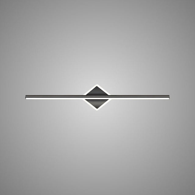 "A modern black wall lamp with a diamond-shaped base and horizontal bar, showcasing its minimalist design, isolated on a light gray background."