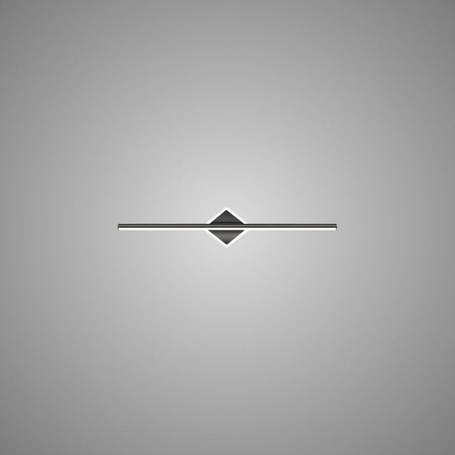 "A modern black wall lamp with a diamond-shaped base and horizontal bar, showcasing its minimalist design, isolated on a light gray background."