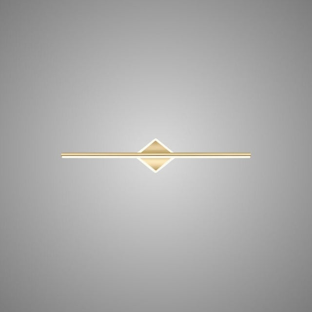 "A modern gold wall lamp with a diamond-shaped base and horizontal bar, showcasing its minimalist design, isolated on a light gray background."