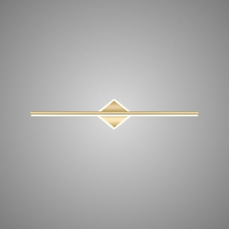 "A modern gold wall lamp with a diamond-shaped base and horizontal bar, showcasing its minimalist design, isolated on a light gray background."