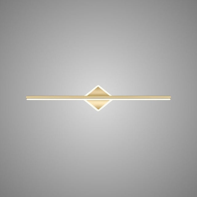"A modern gold wall lamp with a diamond-shaped base and horizontal bar, showcasing its minimalist design, isolated on a light gray background."