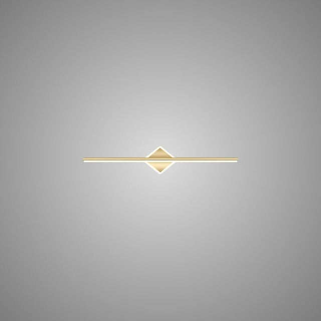 "A modern gold wall lamp with a diamond-shaped base and horizontal bar, showcasing its minimalist design, isolated on a light gray background."