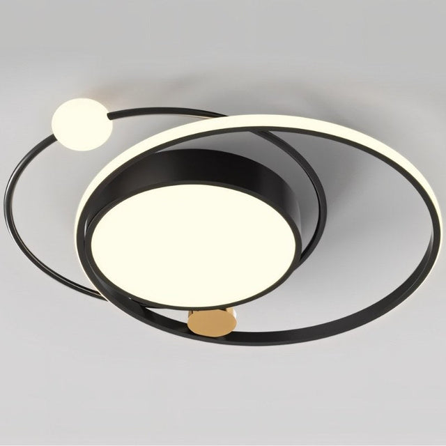 "A black LED ring ceiling light with intertwined rings and a central panel."