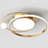"A gold LED ring ceiling light with intertwined rings and a central panel."