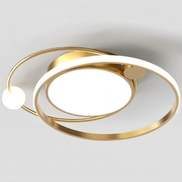 "A gold LED ring ceiling light with intertwined rings and a central panel."