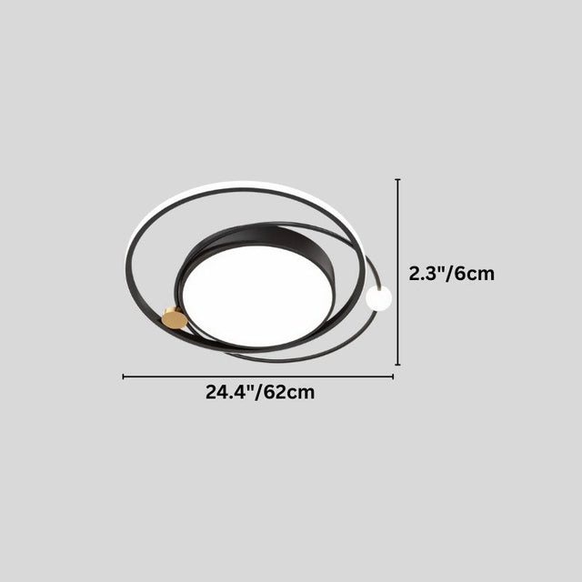 "An LED ring ceiling light with intertwined rings and a central panel, showing product dimensions."