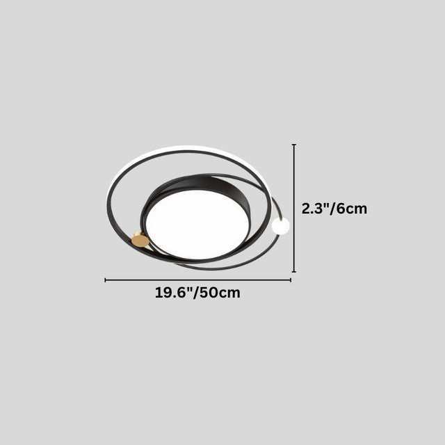 "A small LED ring ceiling light with intertwined rings and a central panel, showing product dimensions."