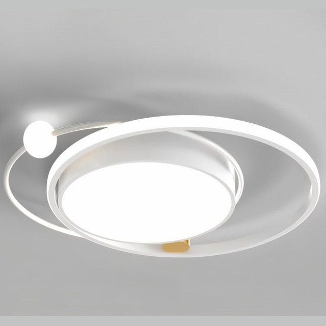 "A white LED ring ceiling light with intertwined rings and a central panel."