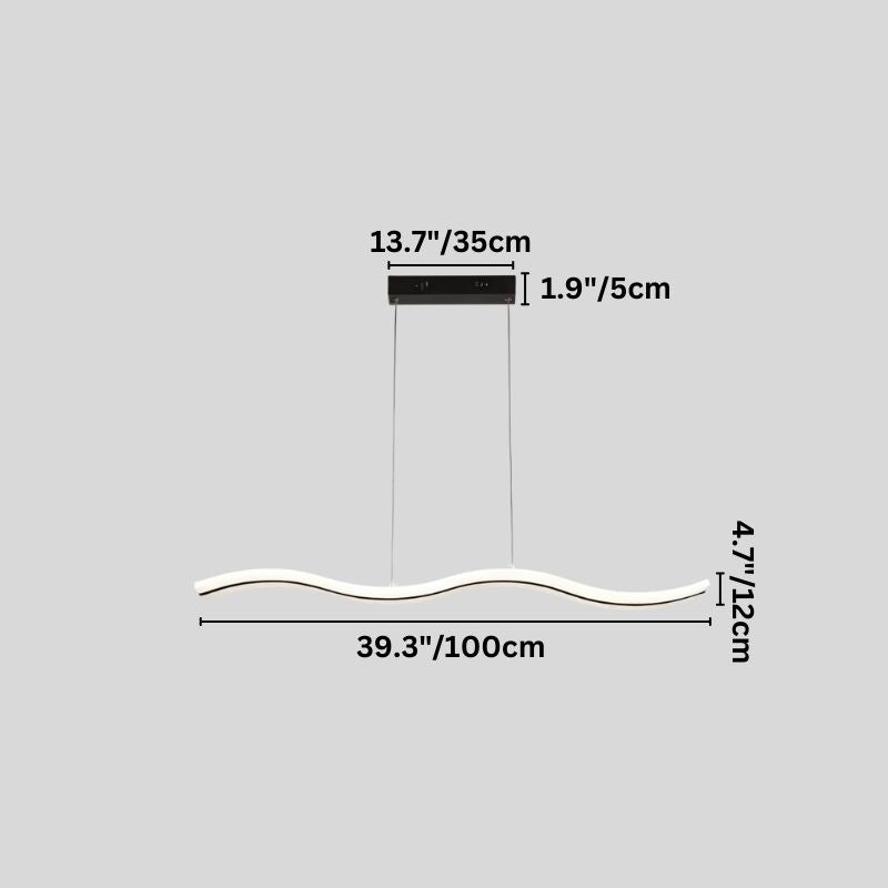 "A modern LED pendant light with an undulating wave design, shown with dimensions of 39.3 inches in length, 13.7 inches in base width, and 4.7 inches in width."