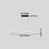 "A modern LED pendant light with an undulating wave design, shown with dimensions of 39.3 inches in length, 13.7 inches in base width, and 4.7 inches in width."
