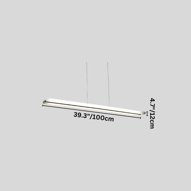 "A modern, minimalist LED pendant light, shown with dimensions of 39.3 inches in length and 4.7 inches in width."