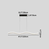 "A modern LED pendant light with an undulating wave design, shown with dimensions of 47.2 inches in length, 13.7 inches in base width, and 4.7 inches in width."