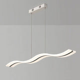 "A modern LED pendant light with an undulating wave design, isolated on a light gray background."