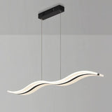 "A modern LED pendant light with an undulating wave design, suspended from a rectangular base by thin cables."