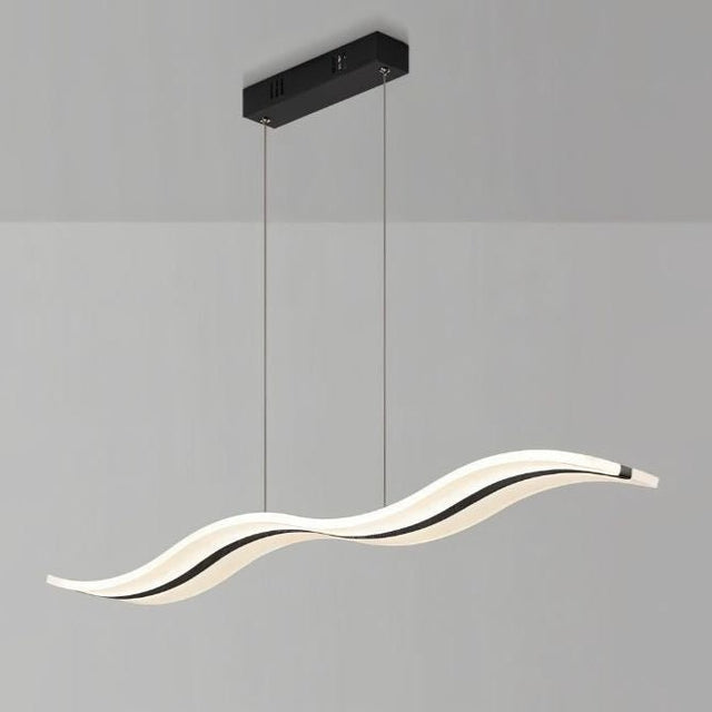 "A modern LED pendant light with an undulating wave design, suspended from a rectangular base by thin cables."