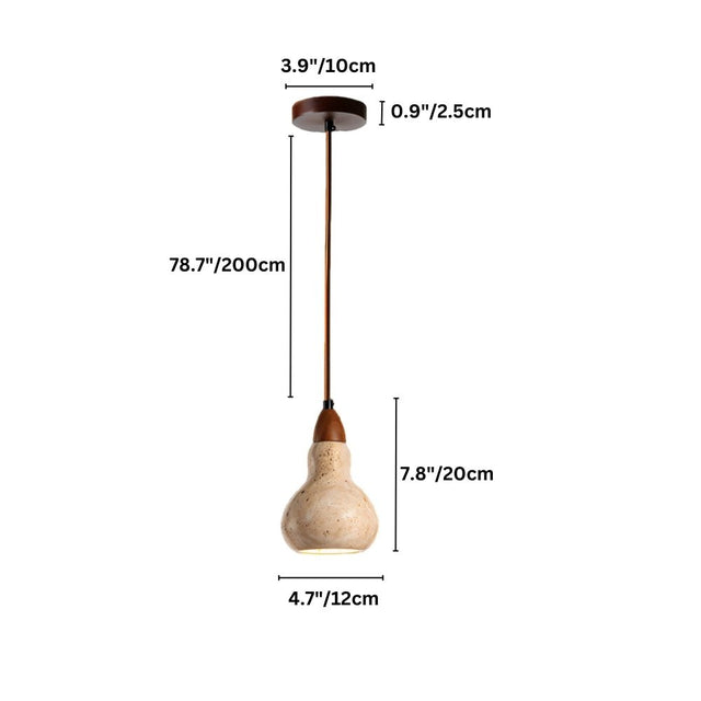 "Dimensions, 78.7 inches height, 7.8 inches body height, 4.7 inches body width, 3.9 inches canopy diameter, and 0.9 inches canopy height, of a travertine pendant light."