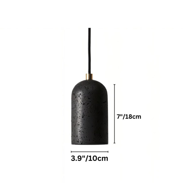 "Dimensions of a modern cylindrical pendant light crafted from black travertine: 7 inches in height and 3.9 inches in diameter."