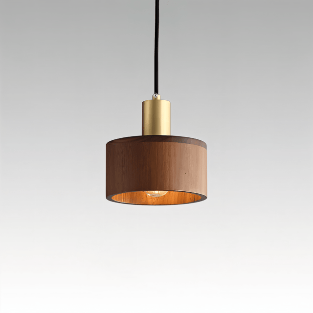 Close-up of Vesil Copper & Wood Pendant Light Fixture showing its sleek cylindrical design and warm wood finish.