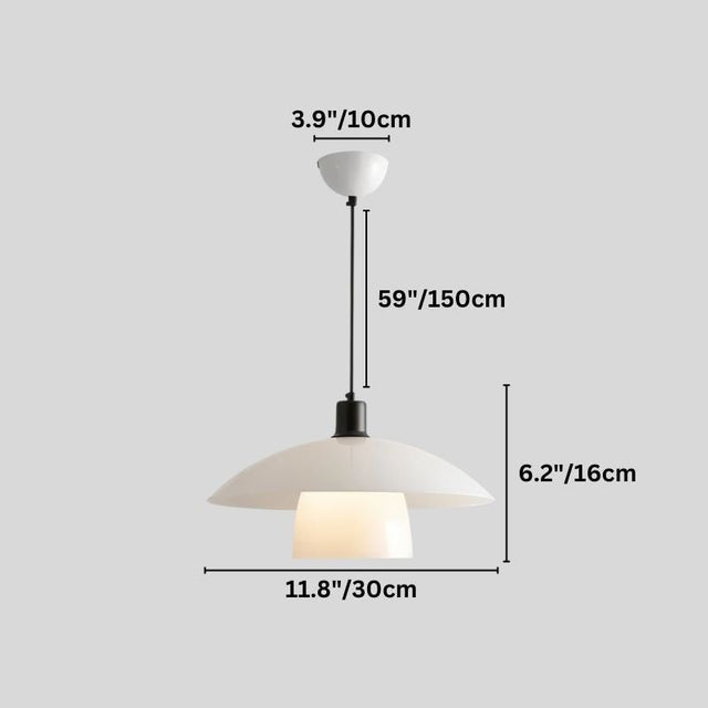 "A diagram showing the dimensions of a layered glass pendant light, including height, width, and suspension length in inches and centimeters."
