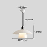 "A diagram showing the dimensions of a large layered glass pendant light, including height, width, and suspension length in inches and centimeters."
