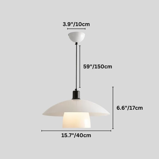 "A diagram showing the dimensions of a large layered glass pendant light, including height, width, and suspension length in inches and centimeters."