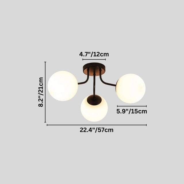 "A 3-light ceiling light with spherical glass shades and an iron frame, showing product dimensions."