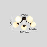 "A 5-light ceiling light with spherical glass shades and an iron frame, showing product dimensions."