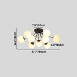 "A 9-light ceiling light with spherical glass shades and an iron frame, showing product dimensions."