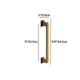 "Dimensions of a vintage brass pull bar with a sleek, modern rectangular design: 5 inches center-to-center, 5.8 inches overall length, and 1 inch in height."