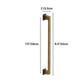 "Dimensions of a vintage brass pull bar with a sleek, modern rectangular design: 7.5 inches center-to-center, 8.3 inches overall length, and 1 inch in height."