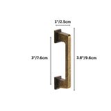 "Dimensions of a vintage brass pull bar with a sleek, modern rectangular design: 3 inches center-to-center, 3.8 inches overall length, and 1 inch in height."
