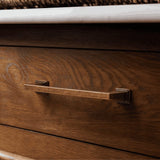 "A vintage brass pull bar with a sleek, modern rectangular design, installed on a wooden drawer, offering a luxurious and functional touch with a strong base for durability and a solid grip."