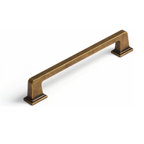 "A vintage brass pull bar made of high-quality brass with a sleek, modern rectangular design and a strong base for durability and a solid grip, shown at an angle."