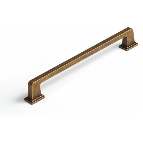 "A vintage brass pull bar made of high-quality brass with a sleek, modern rectangular design and a strong base for durability and a solid grip, isolated on a white background."