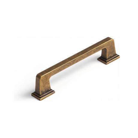 "A vintage brass pull bar made of high-quality brass with a sleek, modern rectangular design and a strong base for durability and a solid grip, isolated on a white background."