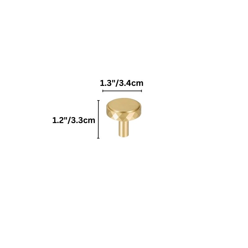 "Dimensions of a gold faceted brass knob with a diamond-cut texture, blending geometric precision with modern luxury."