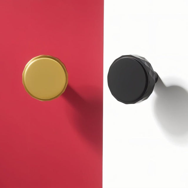 "Modern faceted brass knobs with a diamond-cut texture for enhanced grip and visual appeal, suitable for contemporary and classic interiors."