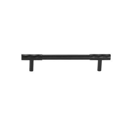 "A black faceted brass pull bar with a diamond-cut texture, isolated on a white background."